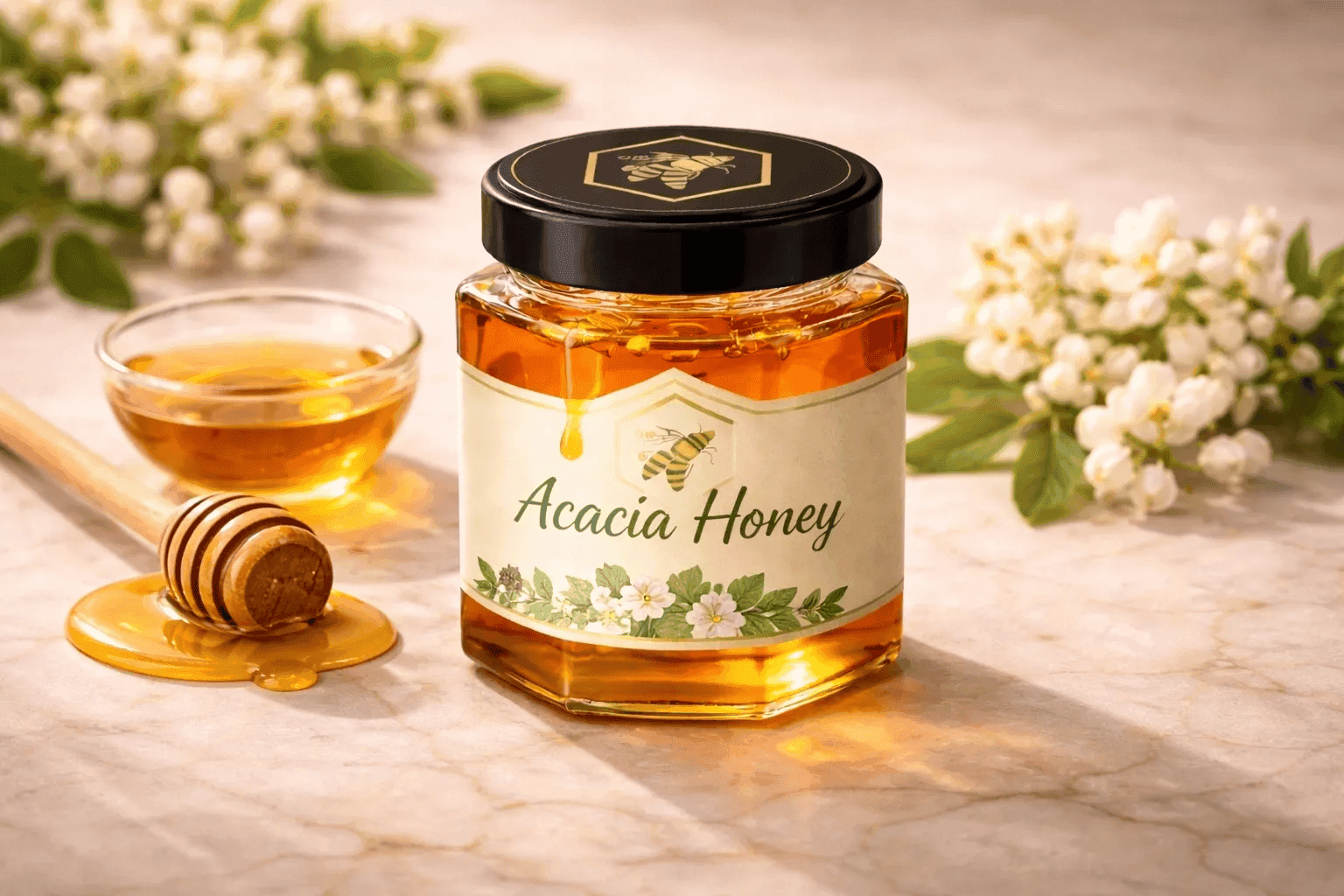Acacia Honey glass jar — Acacia (Babool) tree blossoms monofloral honey, cold-extracted and batch-traceable by NectaBee
