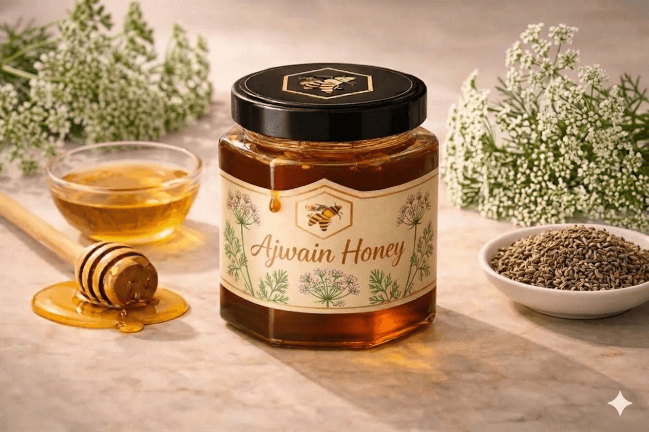 Ajwain Honey glass jar — Ajwain (Trachyspermum ammi) blossoms monofloral honey, cold-extracted and batch-traceable by NectaBee