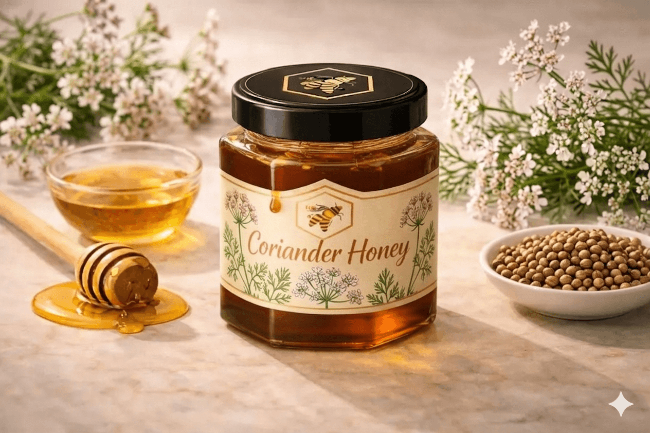 Coriander Honey glass jar — Coriander (Coriandrum sativum) blossoms monofloral honey, cold-extracted and batch-traceable by NectaBee