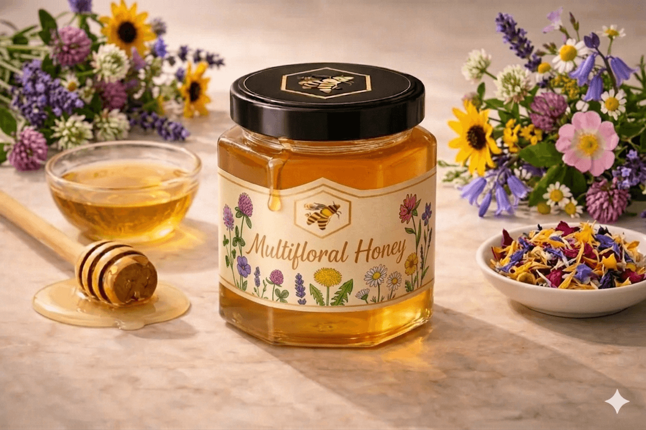 Multiflora Honey glass jar — Mixed wildflowers, herbs, and tree blossoms monofloral honey, cold-extracted and batch-traceable by NectaBee