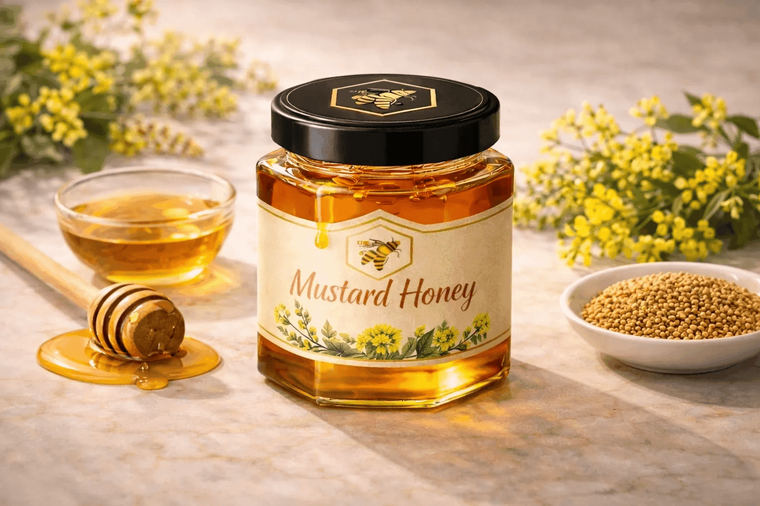 Mustard Honey glass jar — Mustard (Brassica) field blossoms monofloral honey, cold-extracted and batch-traceable by NectaBee