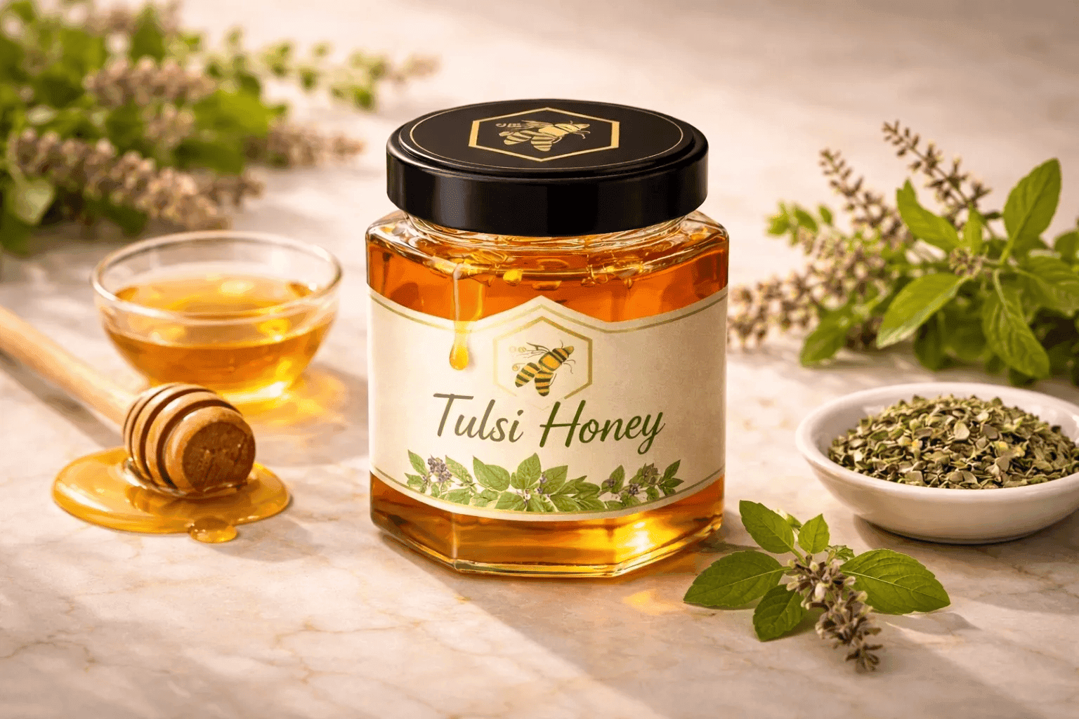 Tulsi Honey glass jar — Holy Basil (Ocimum tenuiflorum) monofloral honey, cold-extracted and batch-traceable by NectaBee