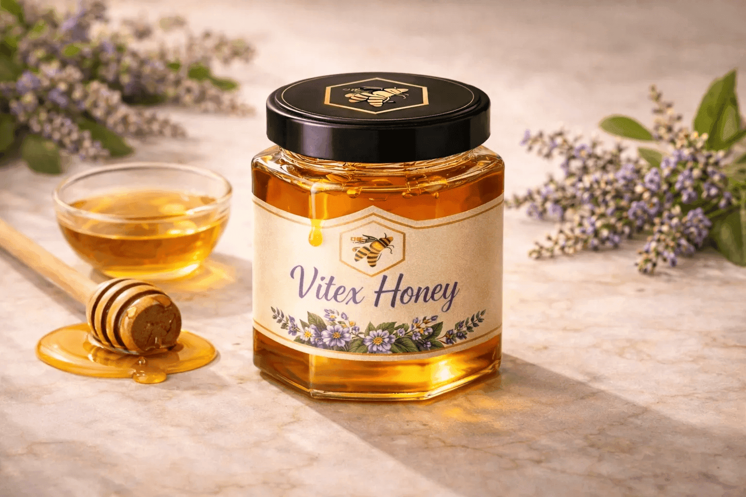 Vitex Honey glass jar — Vitex (Nirgundi) tree blossoms monofloral honey, cold-extracted and batch-traceable by NectaBee